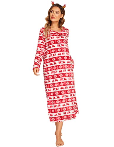 Ekouaer Women Nightgown Long Sleeve Flannel Sleep Shirt Fleece Nightwear Round Neck Sleepwear with Pockets