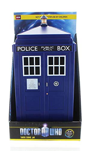 Fun unique home or office kitchen decor  collectible blue police box time machine container with light and sound effects inspired by Doctor Whos Tardis activated by pushing lamp or closing lid