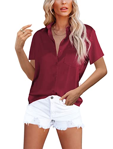 OMSJ Women39s Button Down Shirts Satin V Neck Long Sleeve Casual Work Blouse Tops with Pocket