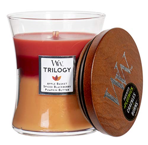 WoodWick Trilogy Autumn Harvest  Apple Basket Spiced BlackBerry Pumpkin Butter Scented Hourglass Crackling Wooden Wick Candle in Clear Glass Jar Medium  97 Oz