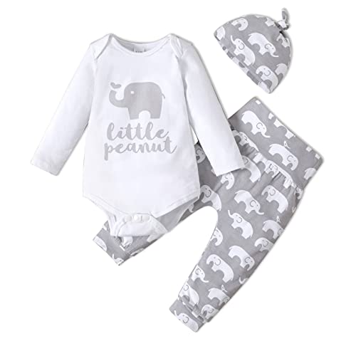 PatPat Newborn Infant Baby Boy Clothes Baby Letter Print Bodysuit Romper Pants Hat 3Pcs Fall Winter Outfits