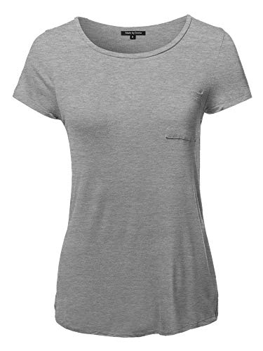 Basic Short Sleeve Scoop Neck Top with Pocket Heather Grey M