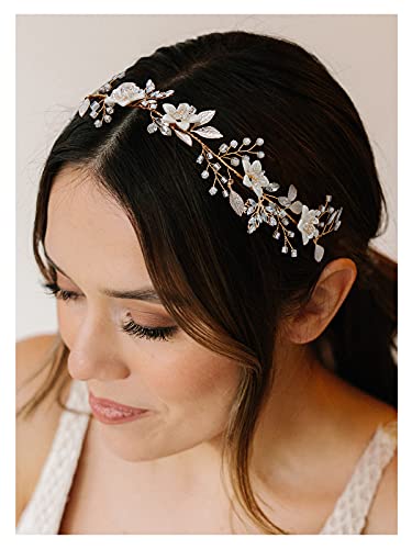 SWEETV Handmade Bridal Headband Flower Wedding Hair Accessories for Brides Hair Pieces Gold Flower Girl Headpieces