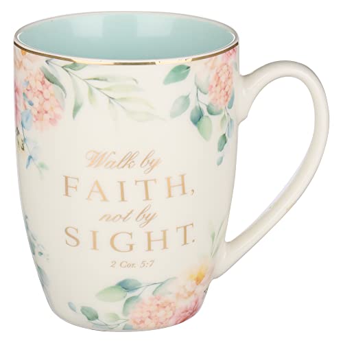 Christian Art Gifts Motivational Ceramic Coffee and Tea Mug for Women Walk by Faith Not by Sight  2 Corinthians 57 Bible Verse Novelty Inspiring Hot Beverage Pastel Blue and Multifloral 12 oz