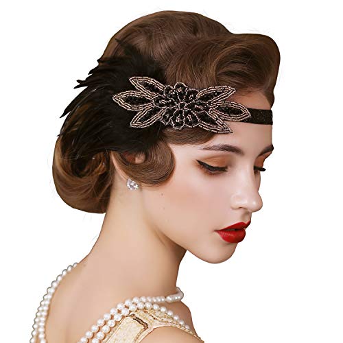 SWEETV 1920s Flapper Feather Headband 20s Sequined Showgirl Headpiece Gatsby Hair Accessories for Women 01 Black