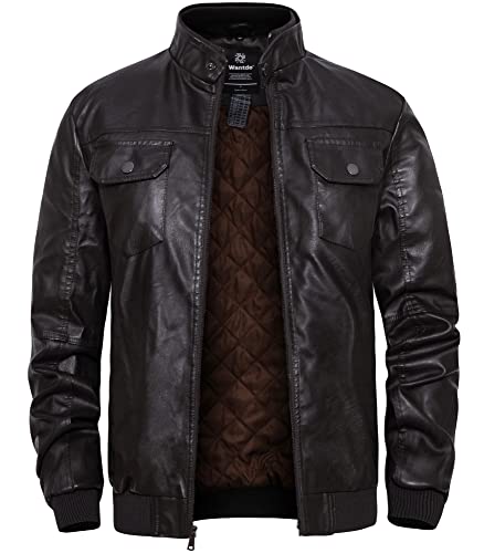 Wantdo Men39s Faux Leather Jacket Windproof Motorcycle Bomber Jacket Slim Fit Winter Coat with Removable Hood