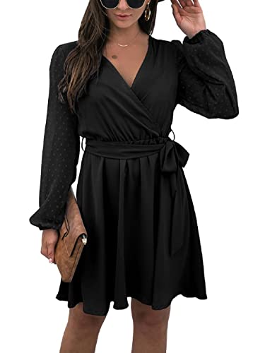 AnnaKaci Women Chiffon ALine Wrap Dress Long Sleeve V Neck Elastic Waist Pom Pom Swiss Dot Dresses