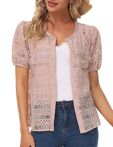 Belle Poque Women Short Sleeve Lace Cardigan Button Up Crochet Shrug Casual Lightweight Vintage Bolero Jackets