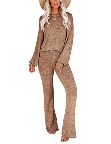 Ekouaer Women 2 Piece Knit Sets Cozy Off Shoulder Sweater Loungewear Outfits Long Sleeve Wide Leg Pants Pajamas