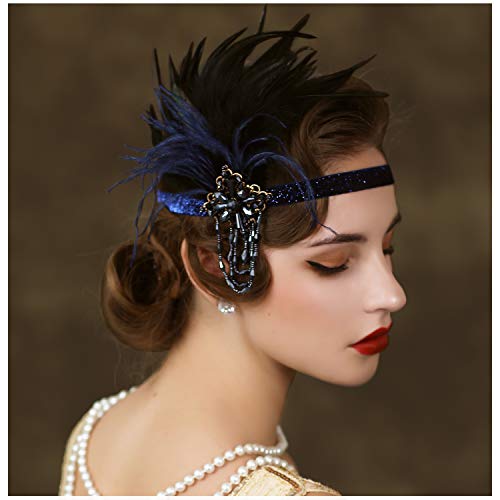 SWEETV Feather Flapper Headpiece Black Rhinestone 1920s Headband the Great Gatsby Hair Accessories