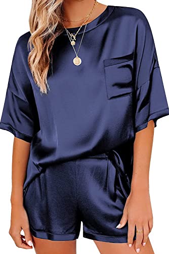 Ekouaer Satin Pajamas for Women Short Sleeve Silk Pajama Sets Soft Sleepwear Top with Causal Pj Shorts