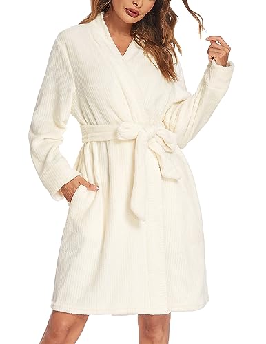 Ekouaer Women Fleece Bathrobe Plush Short Robe Long Sleeve Robe Attached Belt Soft Sleepwear Ladies Loungewear SXXL