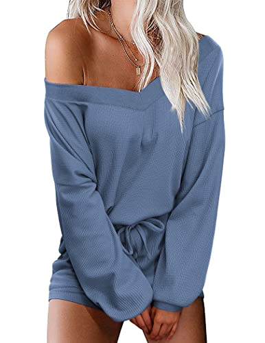 Ekouaer Womens Off Shoulder Lounge Set V Neck Waffle Knit Pajama Sets Long Sleeve Top and Shorts 2 Piece Outfits Sweatsuit