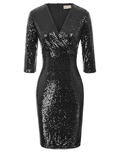 Belle Poque Vintage 50s Sequin Pencil Dress V Neck Glitter Dresses for Women