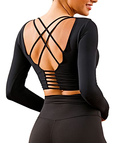 ECUPPER Womens Long Sleeve Sport Crop Top Strappy Padded Backless Yoga Top Workout Fitness Shirt with Thumb Hole