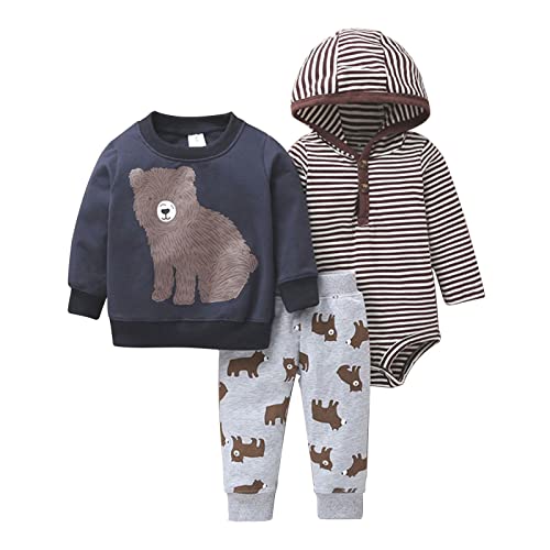 Baby Boy Fall Winter Clothes 3Piece Long Sleeve Bear Printed Hoodie Romper Bodysuit Pants and Sweatshirt Set 324 Months