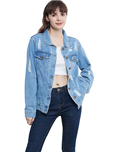 AnnaKaci Women Long Sleeve Oversize Denim Jacket Ripped Distressed Boyfriend Jean Coat