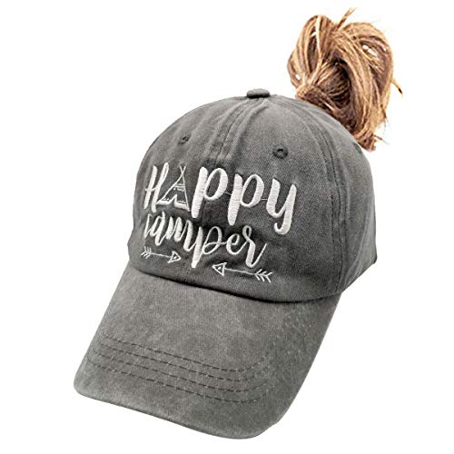 LOKIDVE Women39s Happy Camper Ponytail Hat Messy High Bun Distressed Baseball Cap