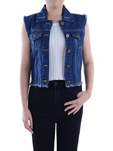 AnnaKaci Distressed Denim Sleeveless Crop Button Vest for Women