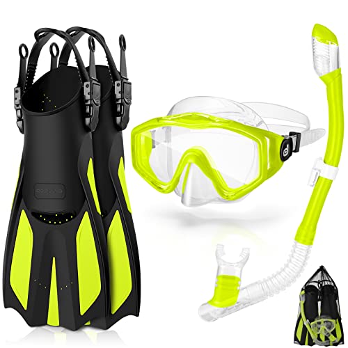 Odoland 6in1 Kids Snorkeling Packages Snorkel Set AntiFog and AntiLeak Full Face Snorkel Mask with Adjustable Swim Fins Beach Blanket and Waterproof Case for Juniors Boys and Girls Age 915