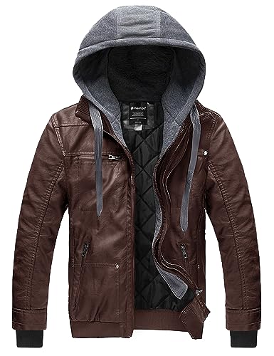 Coat for Men by Wantdo Faux Leather Motorcycle Jacket with Detachable Hood Casual Warm Winter Coat