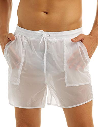 FEESHOW Mens Swim Trunks SeeThrough Drawstring Swimming Boxer Beach Shorts Swimsuits with Pocket