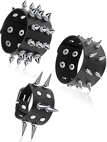 3 Pieces Leather Studded Punk Bracelet for Men Women 80s Studded Wristband Goth Punk Rock Bracelet Spike Rivet Cuff Bangle Unisex Metal for Halloween Party Favors Accessories