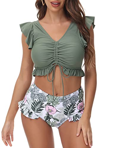 Belle Poque Women Ruffle Swimsuits V Neck High Waisted Two Peice Bathing Suits