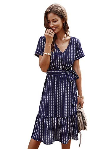 AnnaKaci Women39s Vertical Striped Short Sleeve Ruffle Flowy Swing Dress with Belt