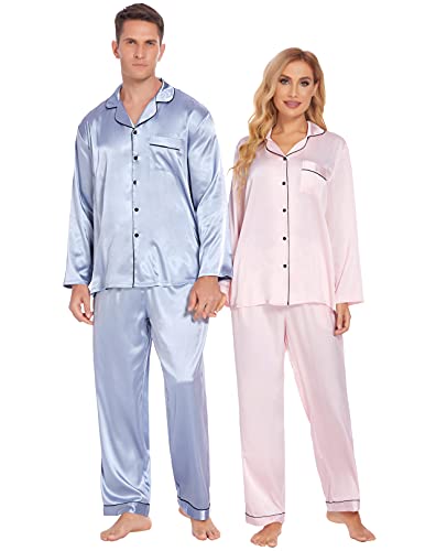 Ekouaer Couples Matching Pajamas Silk Long Sleeve Sleepwear Satin Soft Button Down Loungewear Pjs Set SXXL