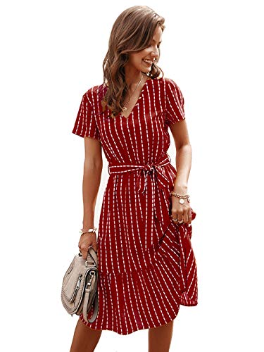 AnnaKaci Women39s Vertical Striped Short Sleeve Ruffle Flowy Swing Dress with Belt