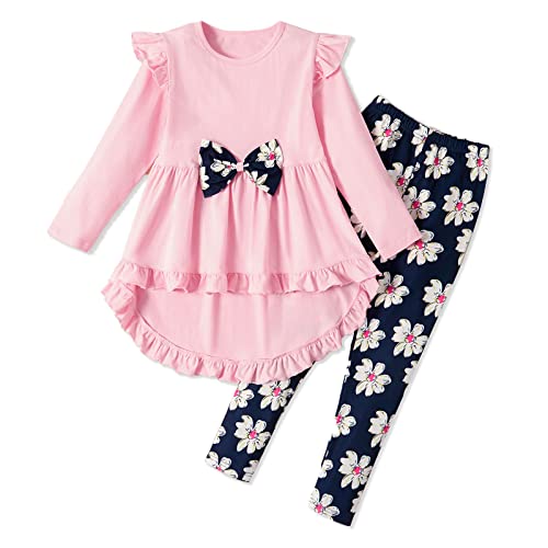 PATPAT 2piece Toddler Girl Bowknot Design Ruffle Hem Longsleeve Pink Top and Floral Print Pants Set