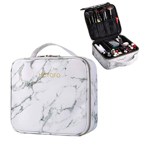 HOYOFO Travel Makeup Case with Adjustable Dividers Marble Makeup Cosmetic Case Organizer for Women Small Makeup Train Case Artist Storage Bag with Brush HolderBlack