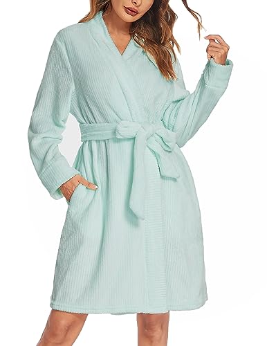 Ekouaer Women Fleece Bathrobe Plush Short Robe Long Sleeve Robe Attached Belt Soft Sleepwear Ladies Loungewear SXXL