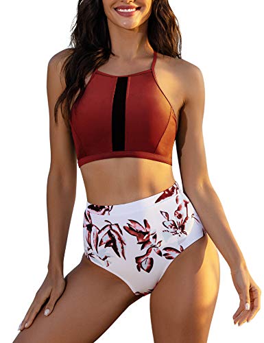 Ekouaer Women High Waisted Swimsuit Two Piece Bathing Suits Bikini Set Leaf Print Bikini