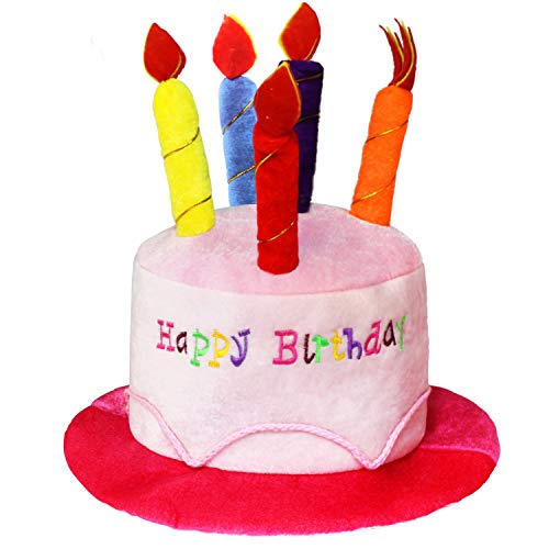 Novelty Place Pink Plush Happy Birthday Cake Hat  Unisex Adult Size Fancy Dress Party Hats  Perfect as Party Favors Costume Accessories  Cake  5 Multicolor Candles