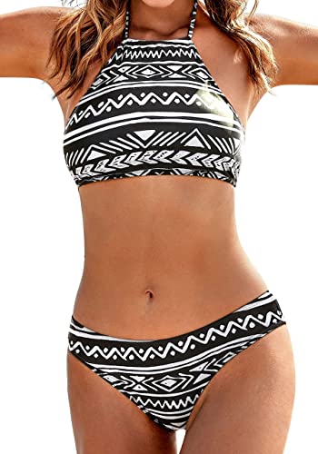 EkouaerBikiniSetHalterHighNeckSwimsuitsWomenFullCoverageFloralBathingSuits2PieceSexyTeenSwimwearXSXXL