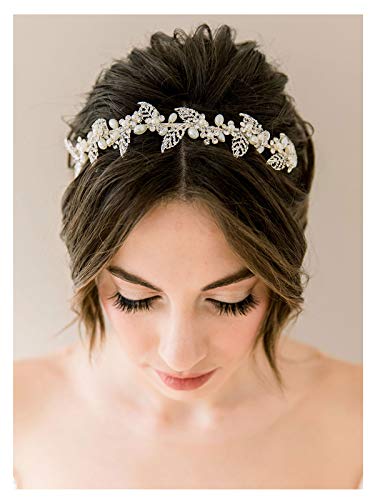 SWEETV Pearl Bridal Headband Silver Tiara for Bride Headpiece Crystal Leaf Wedding Hair Accessories Jewelry Tiaras for Women