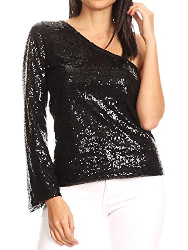 AnnaKaci Women39s Long Sleeve One Shoulder Sequin Party Top Blouse Sparkly Shirts