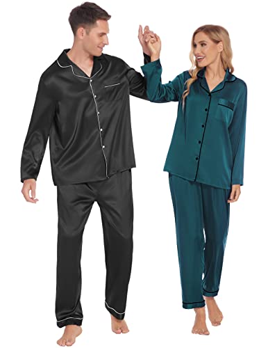 Ekouaer Couples Matching Pajamas Silk Long Sleeve Sleepwear Satin Soft Button Down Loungewear Pjs Set SXXL