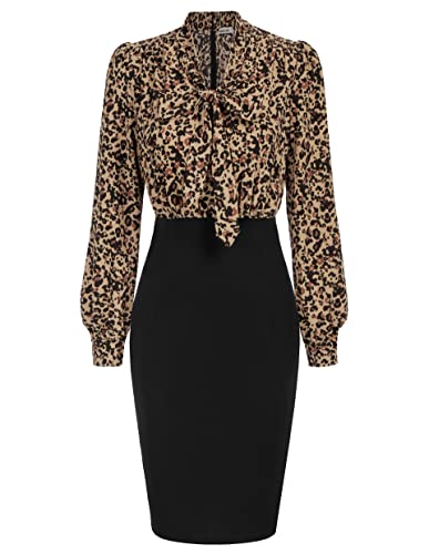 GRACE KARIN Women39s Business Colorblock Bodycon Pencil Dress Long Sleeve Tie V Neck Office Leopard Sheath Dress for Work