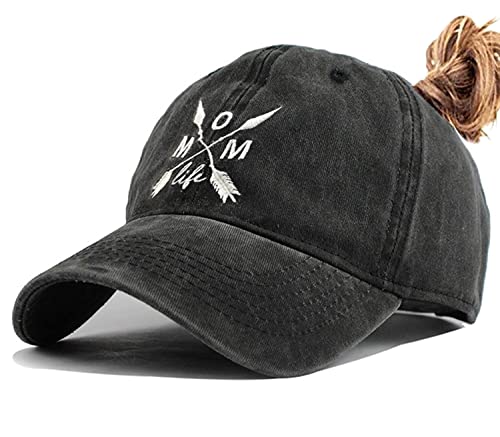 LOKIDVE Mom Life Arrow Ponytail Hat Messy High Bun Distressed Baseball Cap