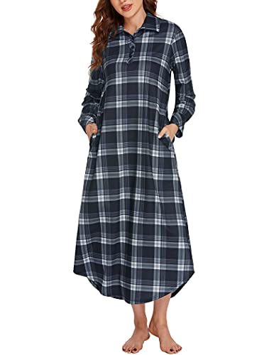 Ekouaer Women39s Cotton Nightgown Long Sleeve Nightshirt Full Length Loungewear Plaid Sleepwear With Pockets