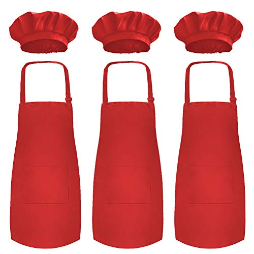 Novelty Place Kid39s Apron with Chef Hat Set 3 Set  Childrens Bib with Pocket Skinfriendly Fabrics  Cooking Baking Painting Training Wear  Kid39s Size 612 Year Red