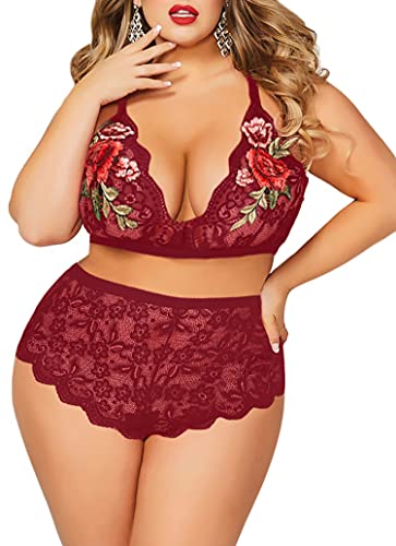 JuicyRose Plus Size 2 Piece Lingerie for Women Sexy Rose Applique Lace Bra and High Waist Panty