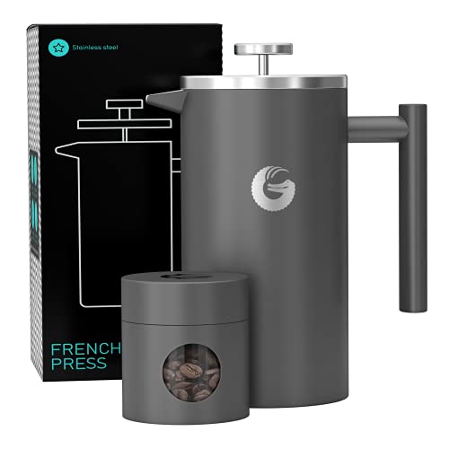 Coffee Gator French Press Coffee Maker Insulated Stainless Steel Manual Coffee Makers For Home Camping w Travel Canister Presses 4 Cup Serving Black