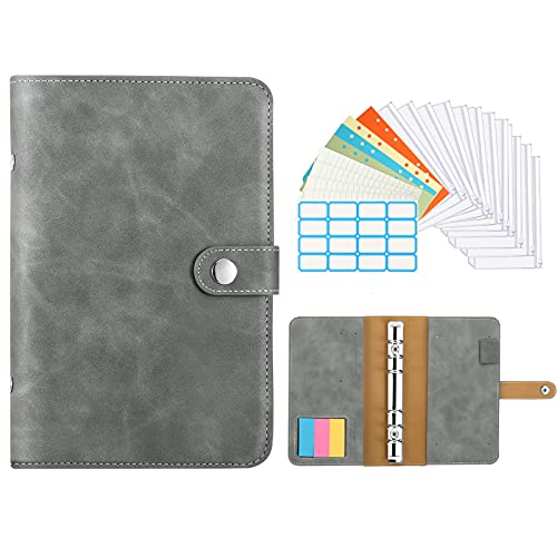 TiMOVO Budget Binder Planner Notebook Binder Pockets Budget Envelopes PU Leather Cover Folder 12 pcs LooseLeaf Clear Plastic Pockets  Page Markers  Label Stickers  Papers A6 Brown