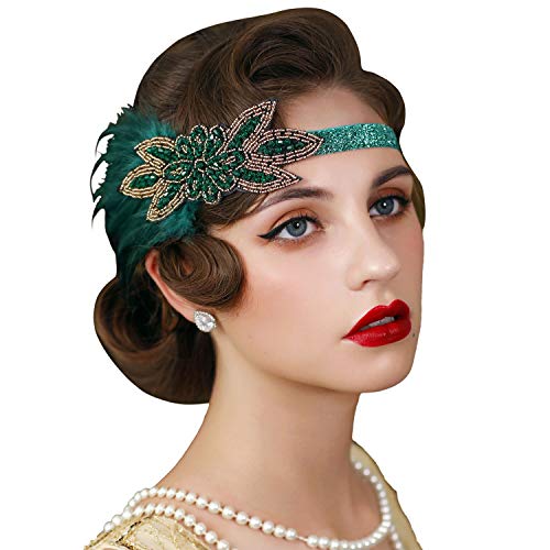 SWEETV 1920s Flapper Feather Headband 20s Sequined Showgirl Headpiece Gatsby Hair Accessories for Women 01 Black