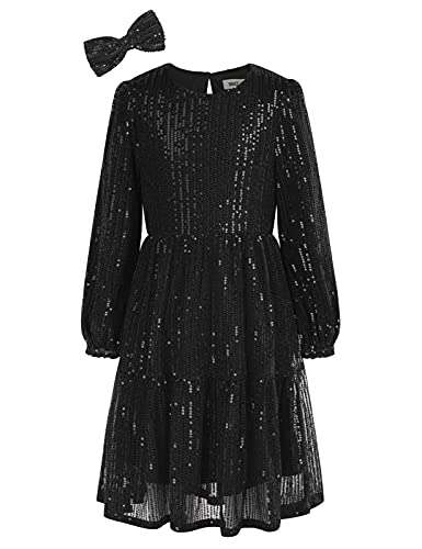 GRACE KARIN Girl39s Long Sleeve Crew Neck Sequined ALine Dress with Hair Bow