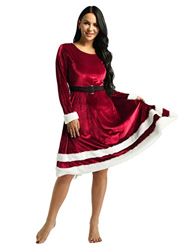 iEFiEL Women39s Year Xmas Mrs Santa Claus Costume Dress Velvet Long Sleeve ONeck Red Festival Dress